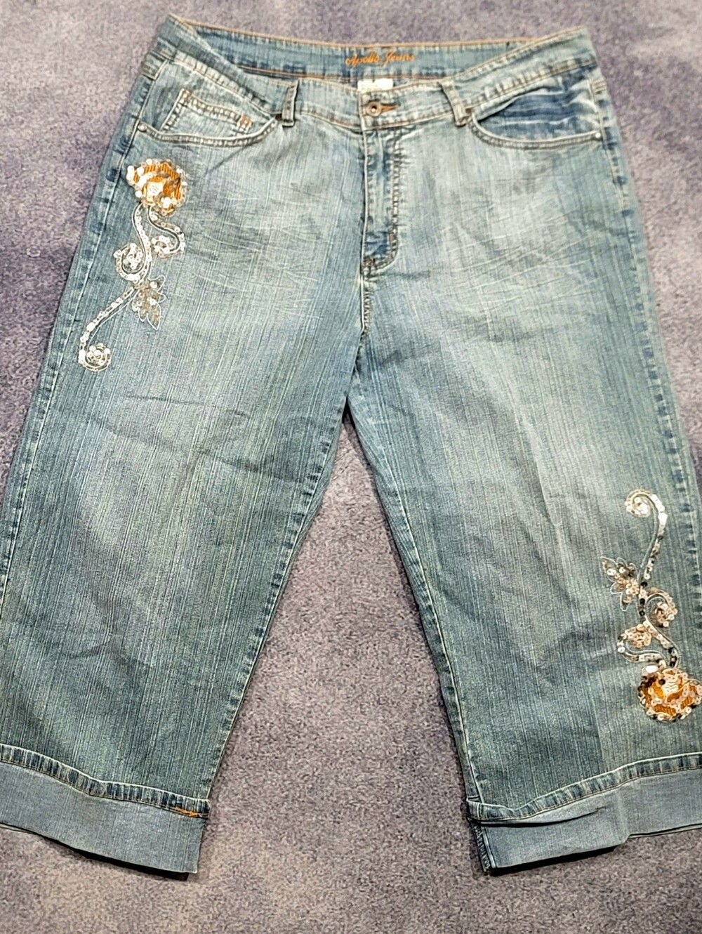 VTG Apollo Jeans Ramie Embroider Sequin Rose Floral Women Size 17/18 Cuff Denim